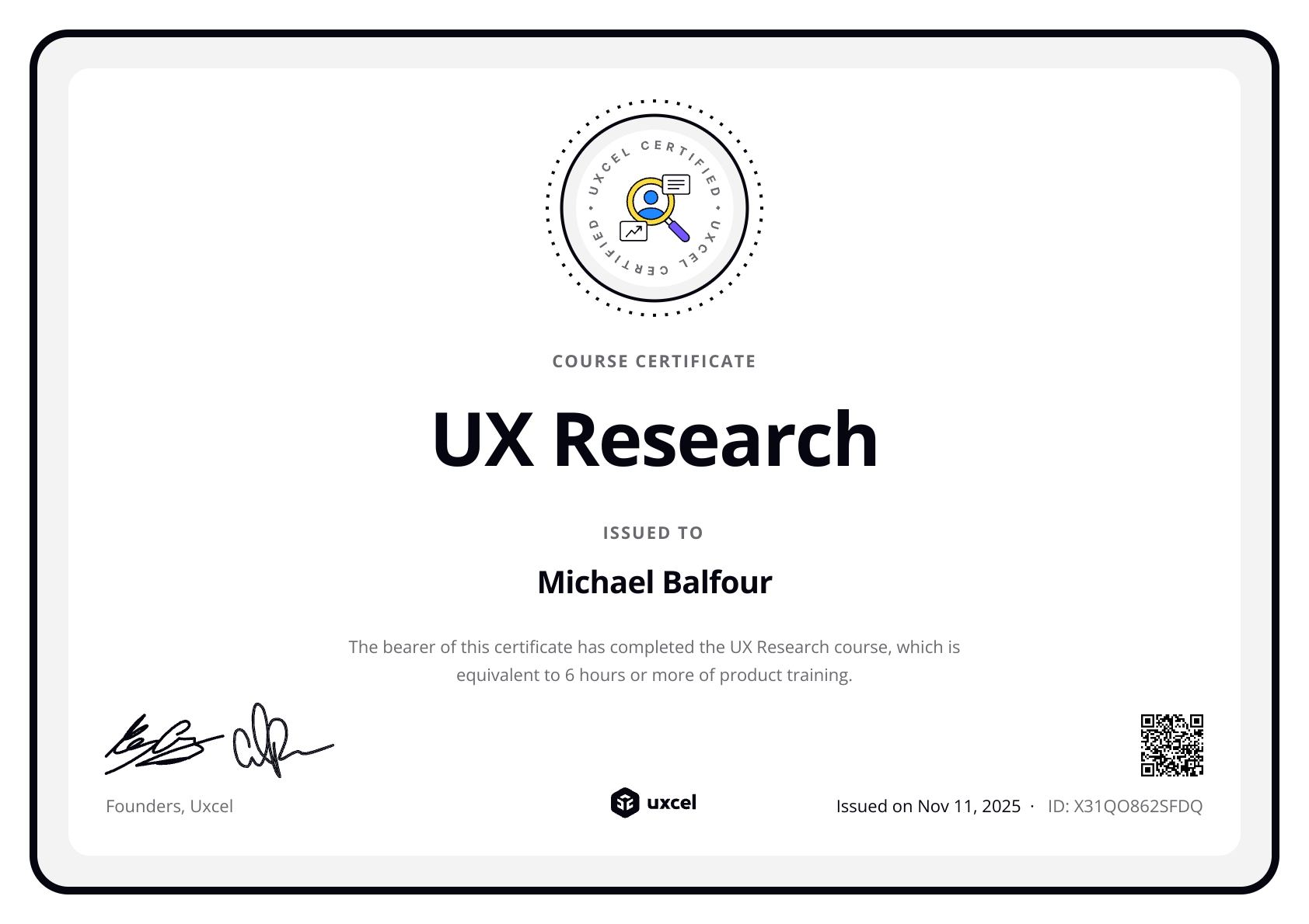 Michael Balfour's certificate